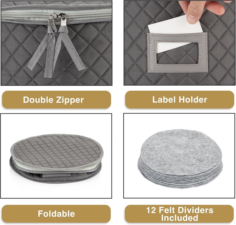 Stack Store Plus More China Storage Case - Saucer or Small Plate Quilted Case - 7" diameter x 6" height - Gray - Includes 12 Felt Separators -Stackable With Padded Interior - Great for Appetizer Plates - Image 3